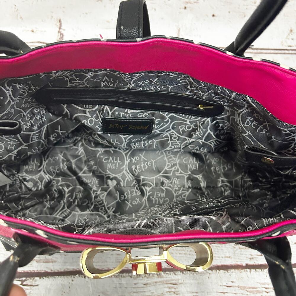 BETSEY JOHNSON Black White Polka Dot Tote Bag Pink Scalloped Trim Bow Large - Picture 7 of 12